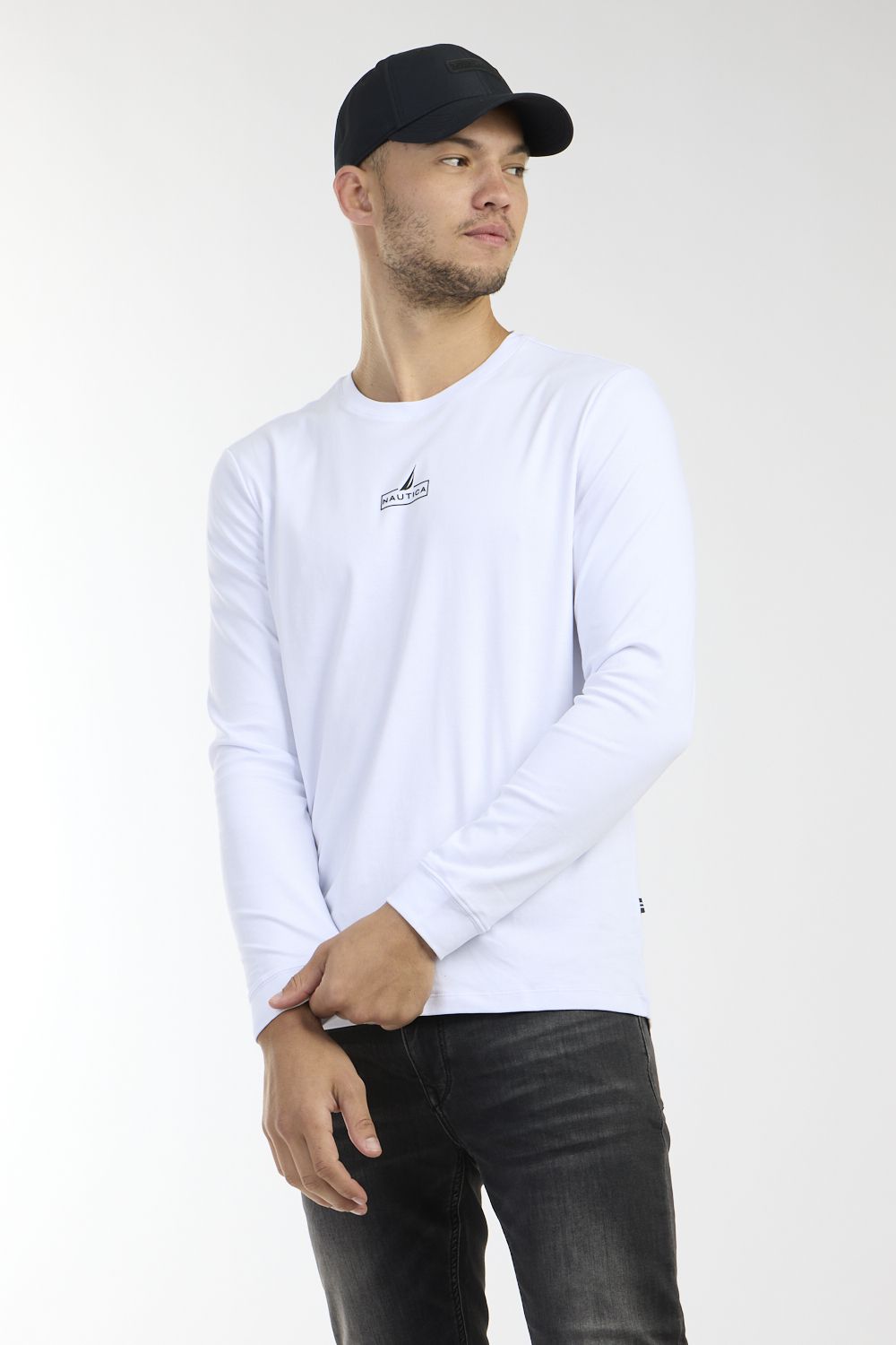 טי שירט עם צווארון עגול מיקרו לוגו ושרוולים ארוכים לגבר