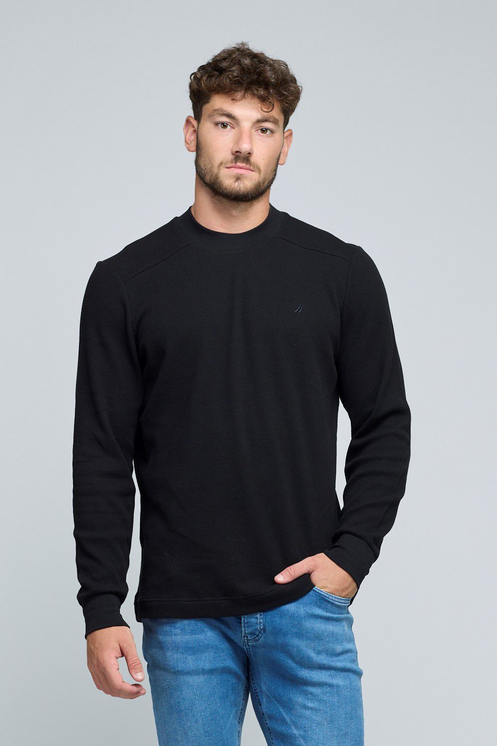 חולצה ארוכה לגברים מכותנה וופל עם לוגו נאוטיקה