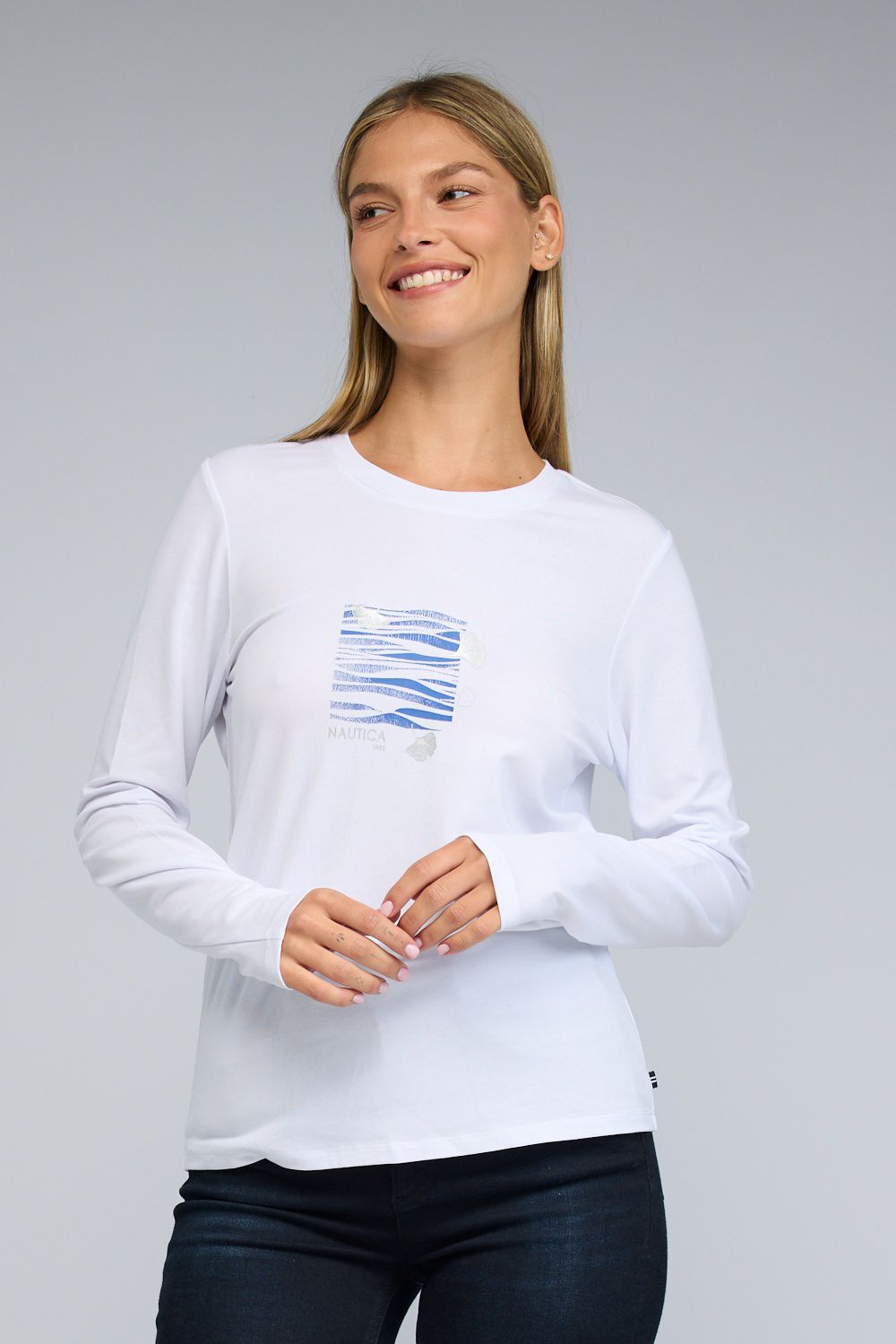 טי שירט Nautica ארוכה לנשים עם הדפס