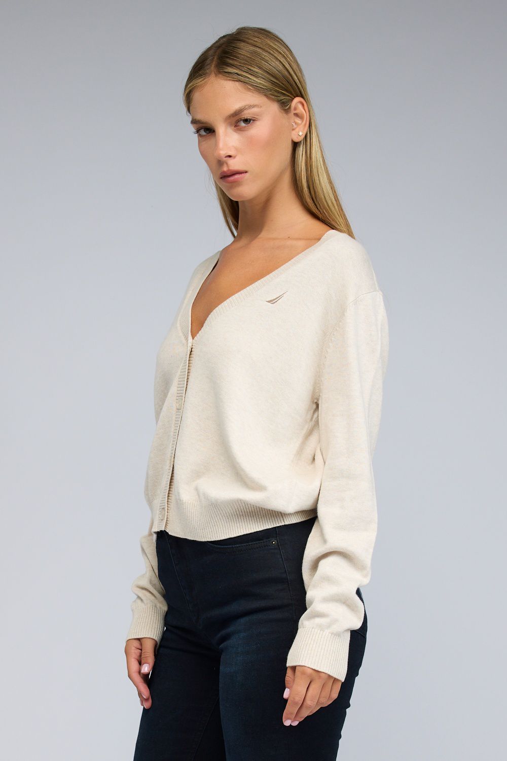 קרדיגן Nautica לנשים עם לוגו רקום וצווארון וי