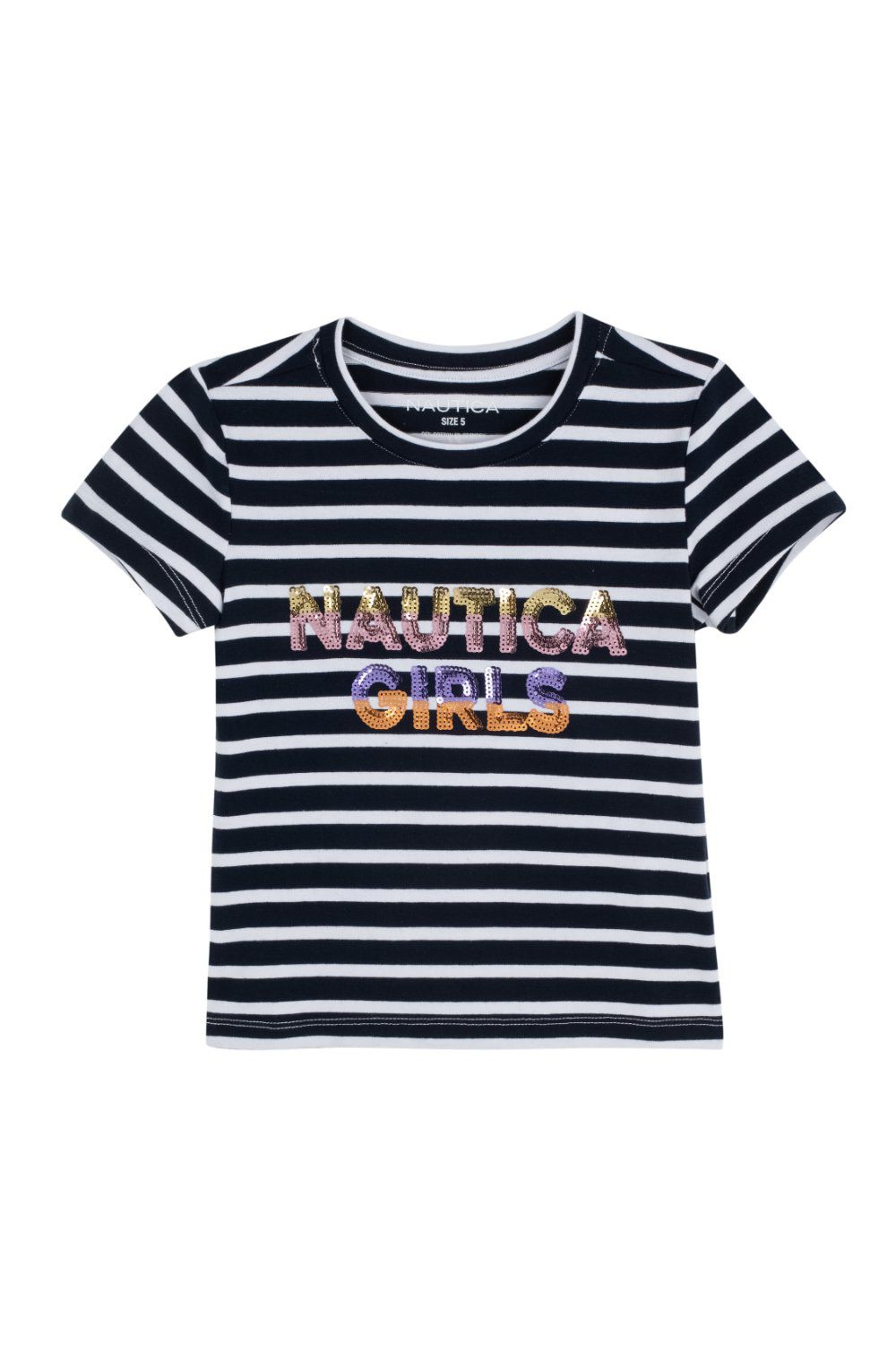 טי שירט פסים Nautica לילדות עם כיתוב פאייטים