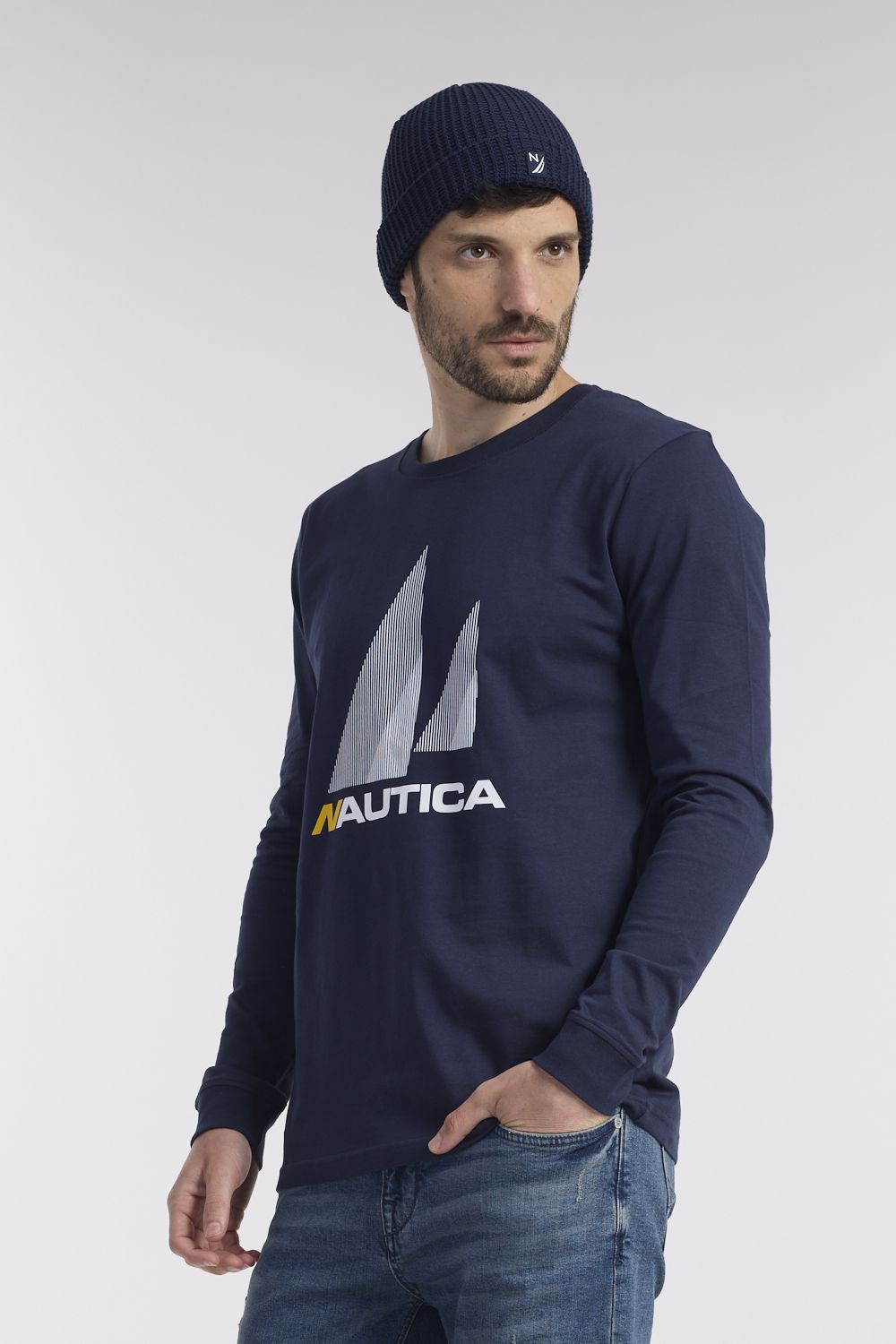 טי שירט שרוולים ארוכים בהדפס לוגו נאוטיקה קווי מתאר