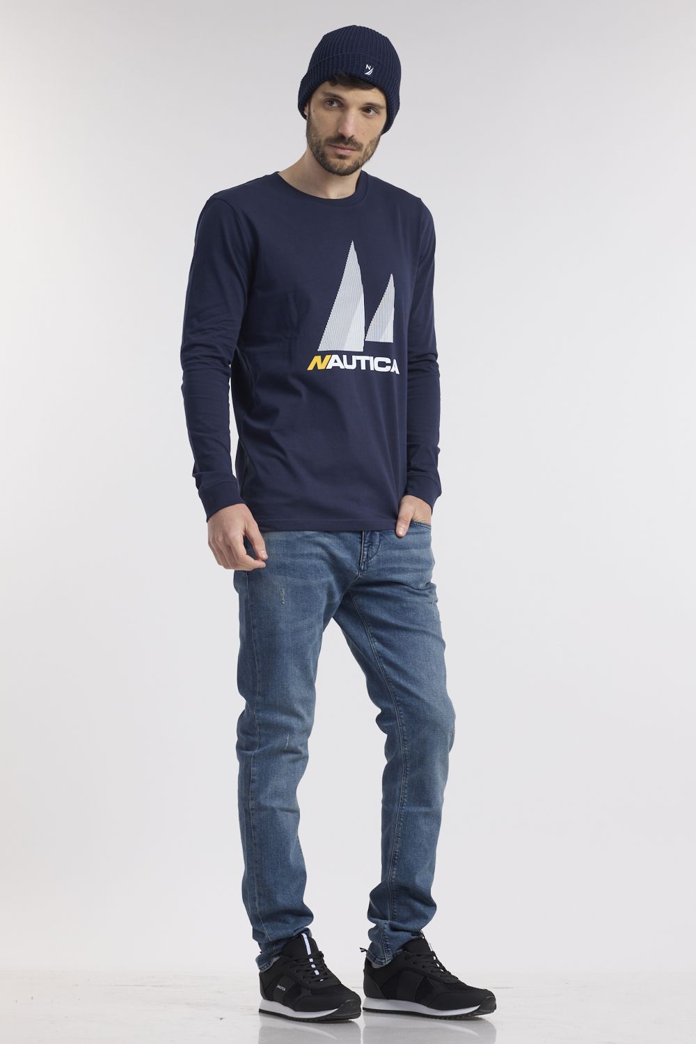 טי שירט שרוולים ארוכים בהדפס לוגו נאוטיקה קווי מתאר