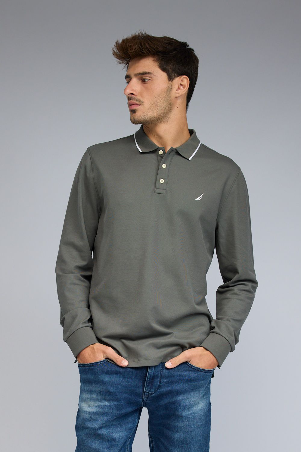 חולצת פולו Nautica ארוכה עם צווארון מעוטר לגברים