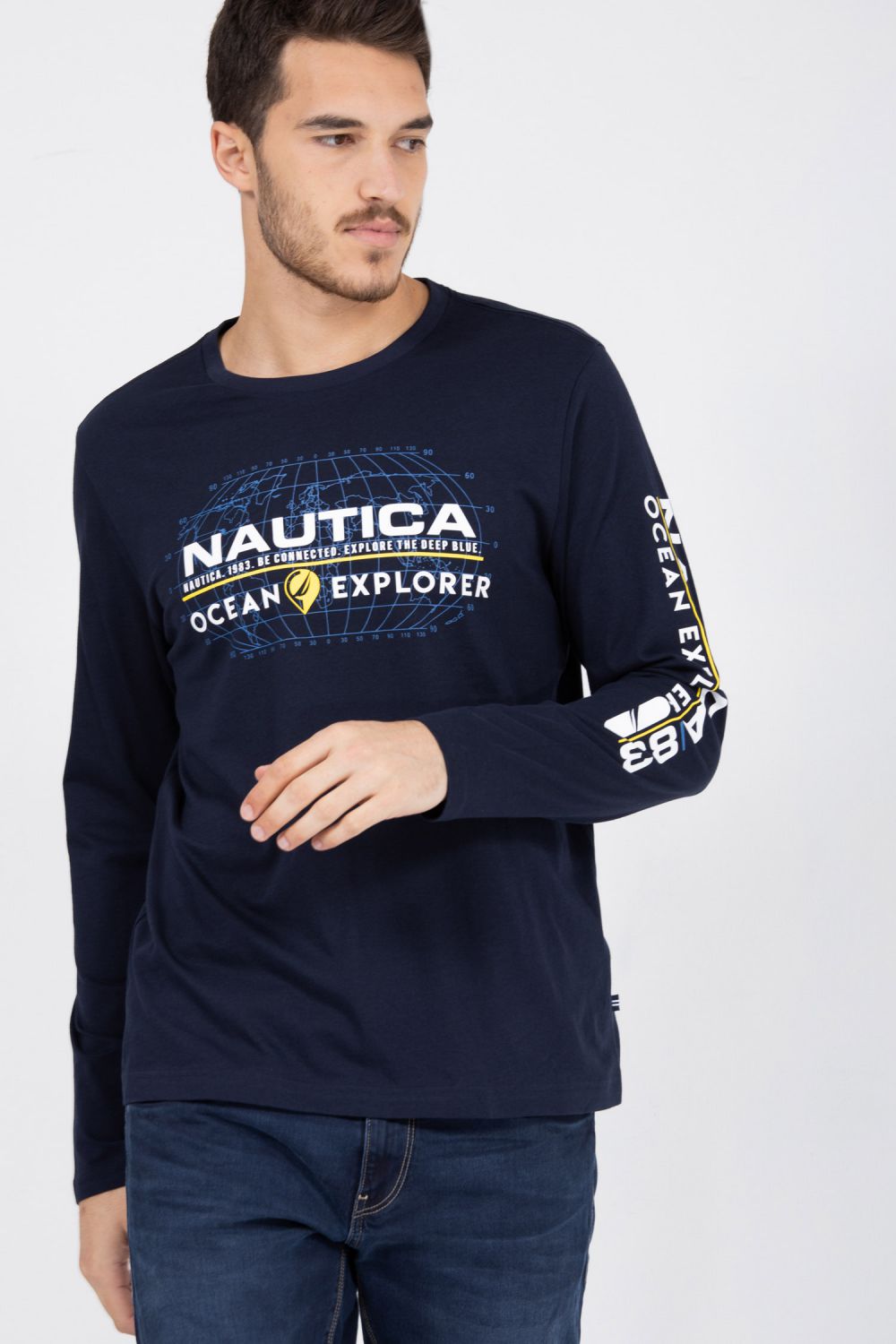 טי שירט שרוולים ארוכים בהדפס OCEAN בחזית ועל השרוול