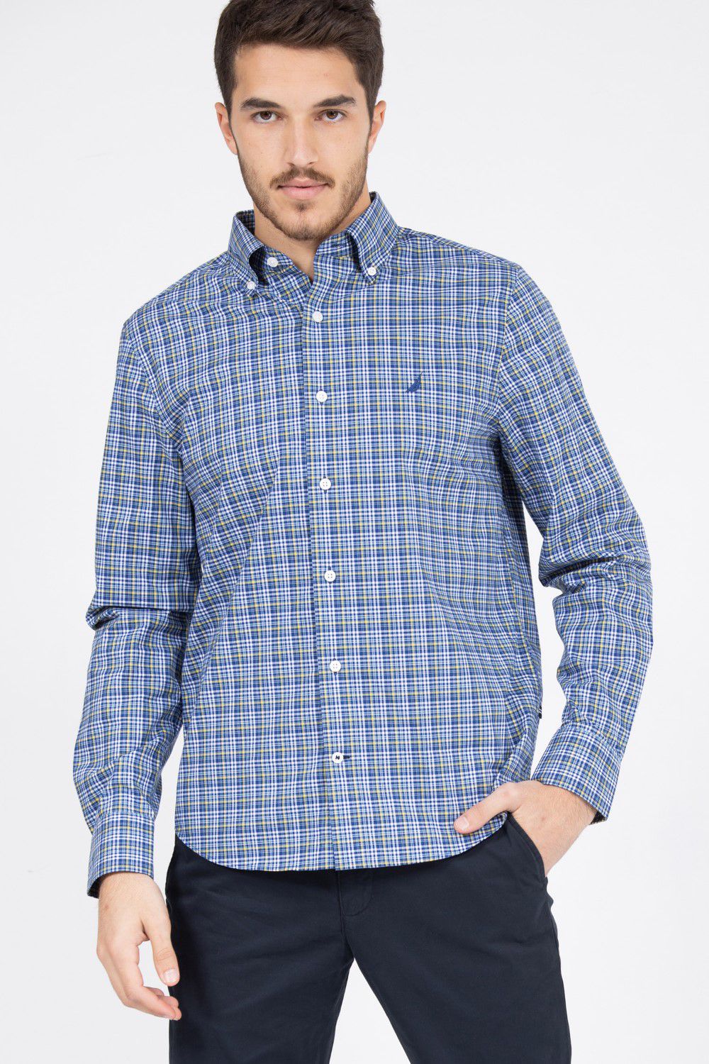חולצה מכופתרת משבצות קטנות SLIM FIT סטרץ’
