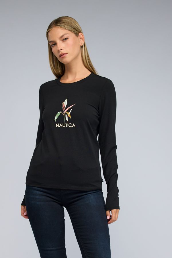 טי שירט ארוכה עם הדפס Nautica לנשים