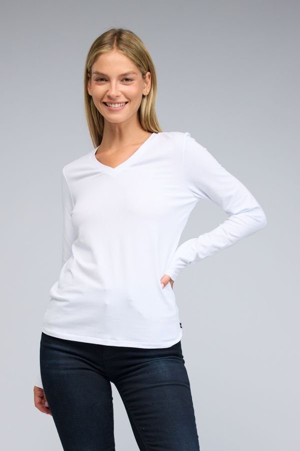 טי שירט Nautica ארוכה לנשים עם לוגו וצווארון וי