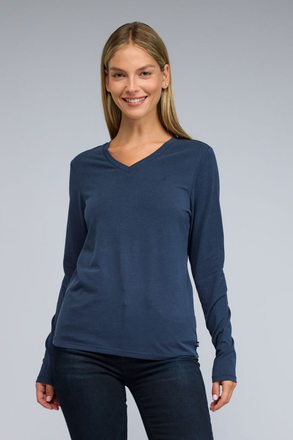 טי שירט Nautica ארוכה לנשים עם לוגו וצווארון וי