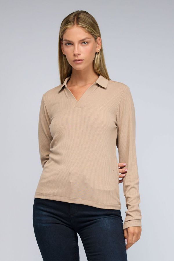 טי שירט Nautica ארוכה לנשים מבד ריב