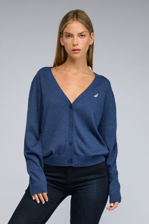 קרדיגן Nautica לנשים עם לוגו רקום וצווארון וי