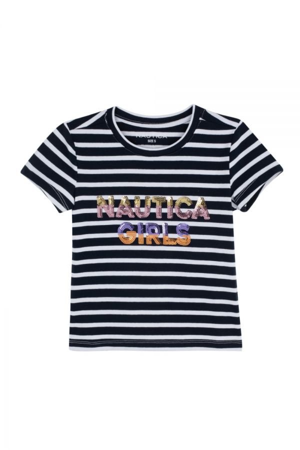 טי שירט פסים Nautica לילדות עם כיתוב פאייטים