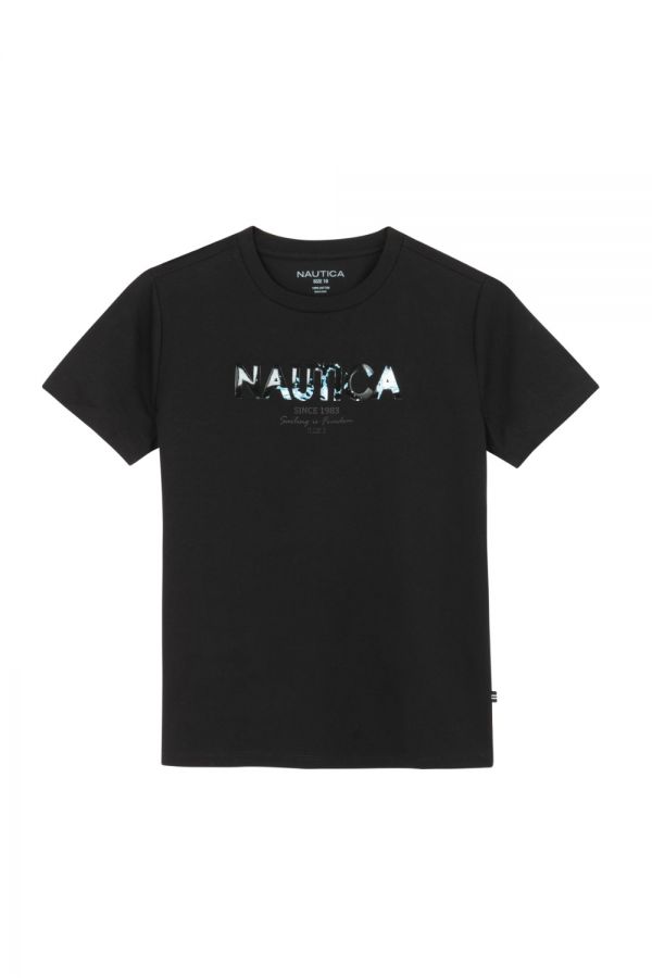 חולצת טי Nautica קצרה עם הדפס שחור לבן לילדים