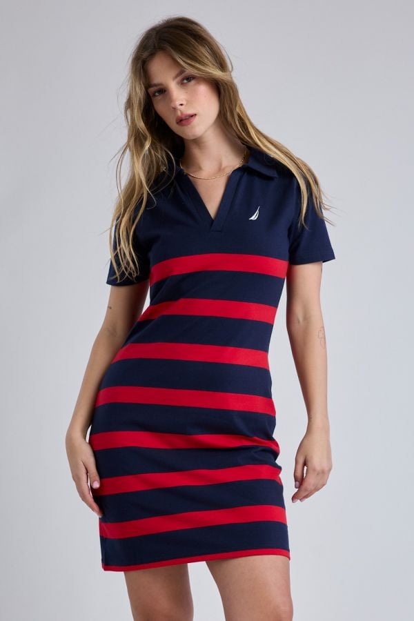 שמלת פסים בגזרת פולו עם ולוגו Nautica לנשים