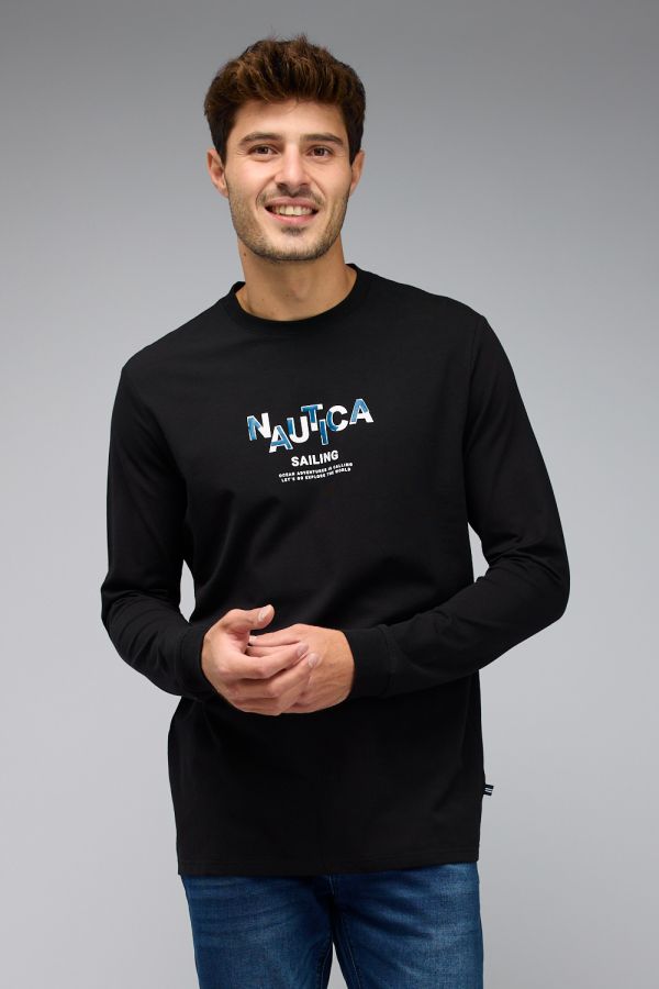 טי שירט עם שרוולים ארוכים והדפס Nautica דו צדדי לגברים